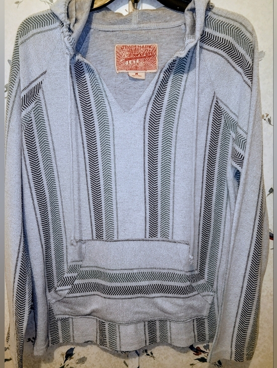 Brooklyn Cloth Tops - Brooklyn Cloth Boho Gray With Black and Green Chevron Stripes Hoodie-Medium.
